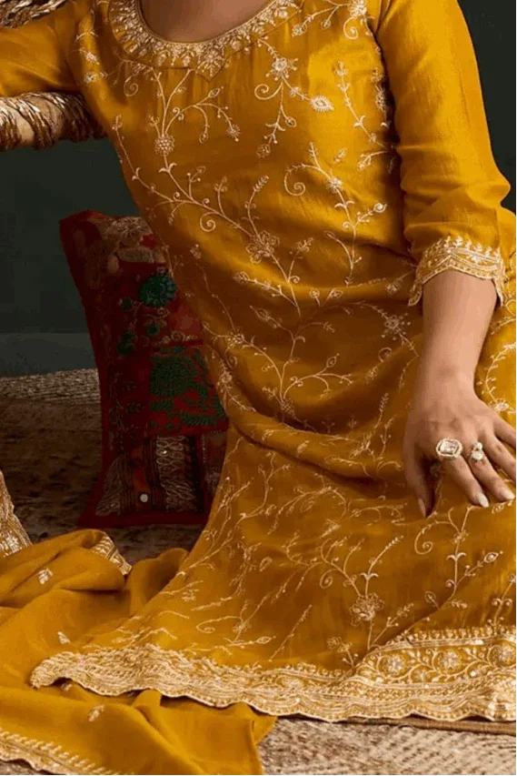 Zehra Mustard Embroidered Salwar Kameez Set (Outside Ontario) - MyEthnikRentals