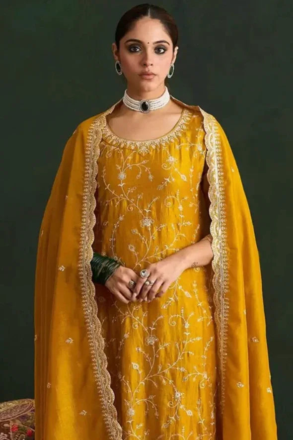 Zehra Mustard Embroidered Salwar Kameez Set - MyEthnikRentals