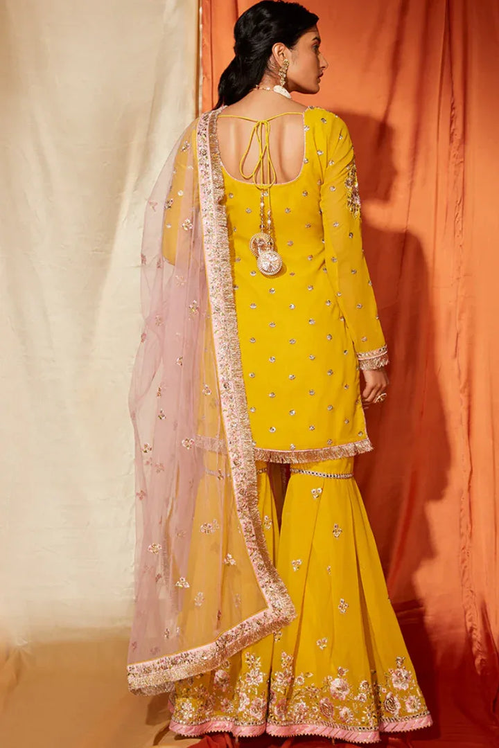 Mustard & Blush Pink Georgette Gharara Suit - MyEthnikRentals