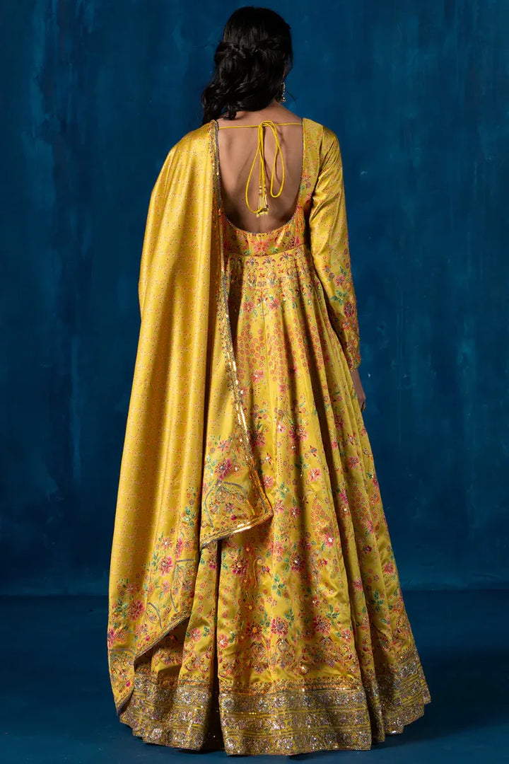 Sunlit Yellow Embroidered Crepe Silk Anarkali - MyEthnikRentals