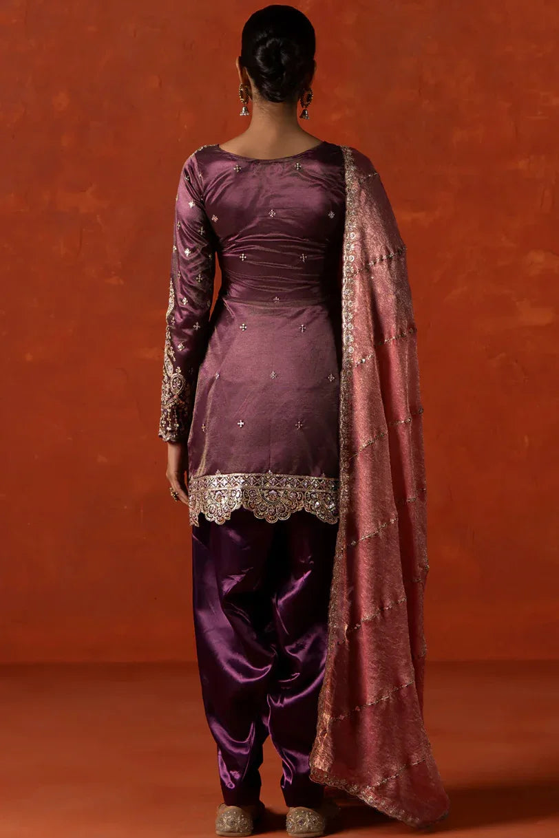 Deep Wine Embroidered Satin Punjabi Suit - MyEthnikRentals