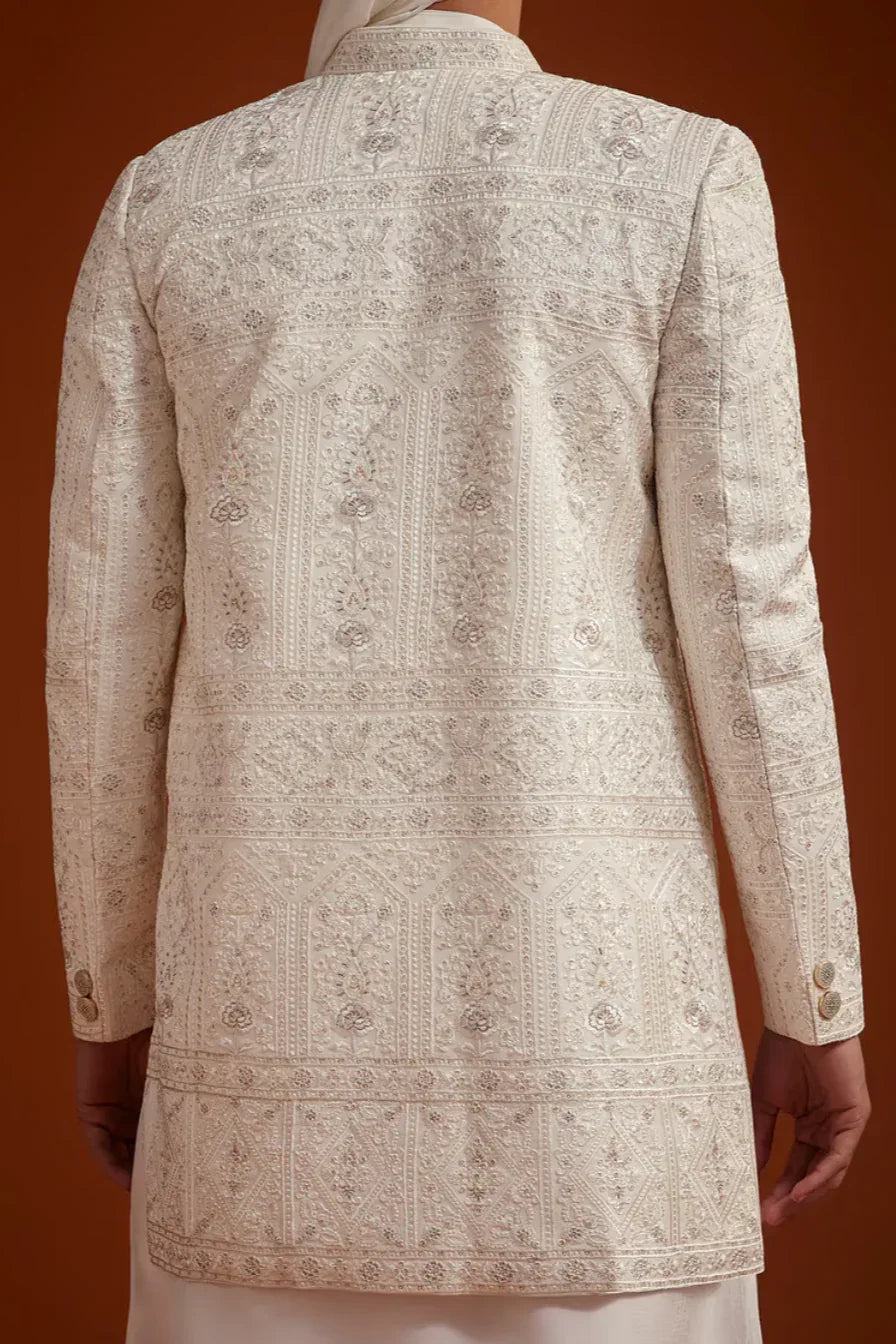 Ivory Open Jacket Sherwani with Resham Embroidery (Outside Ontario) - MyEthnikRentals