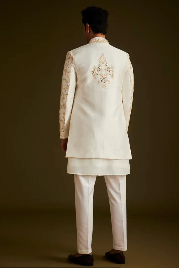 Cream Classic Embroidered Sherwani Set - MyEthnikRentals