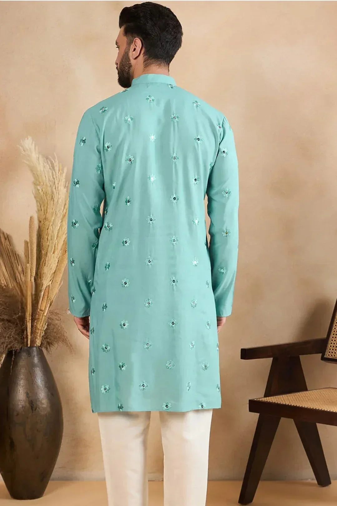 Powder Blue Mirror Work Kurta (Outside Ontario) - MyEthnikRentals