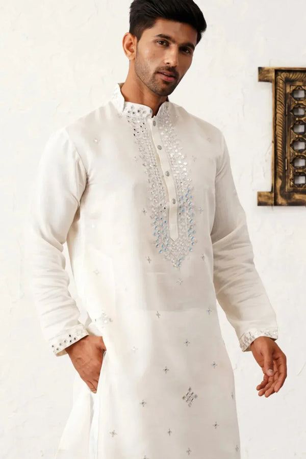 Off-White Mirror & Thread Embroidered Kurta (Outside Ontario) - MyEthnikRentals