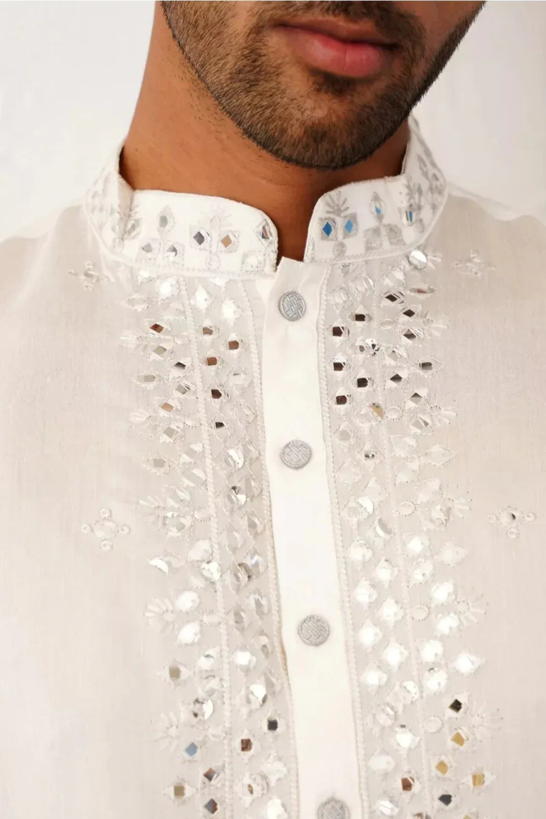Off-White Mirror & Thread Embroidered Kurta - MyEthnikRentals