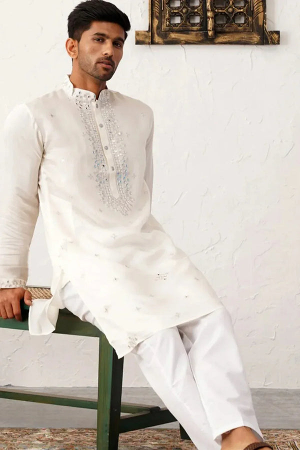 Off-White Mirror & Thread Embroidered Kurta (Outside Ontario) - MyEthnikRentals