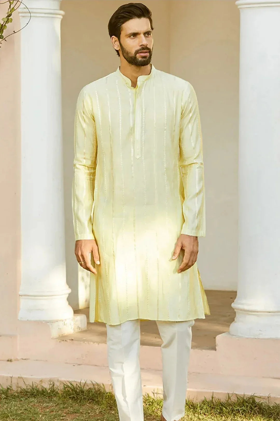 Lemon Gold Stripe Kurta Set - MyEthnikRentals
