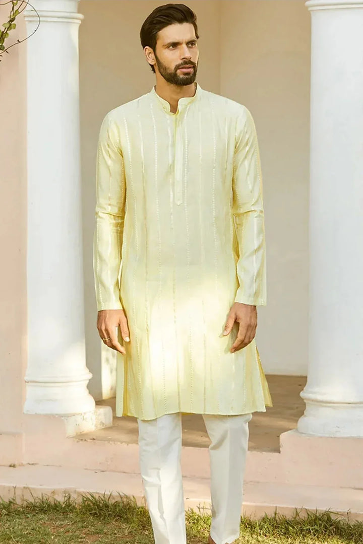 Lemon Gold Stripe Kurta Set - MyEthnikRentals
