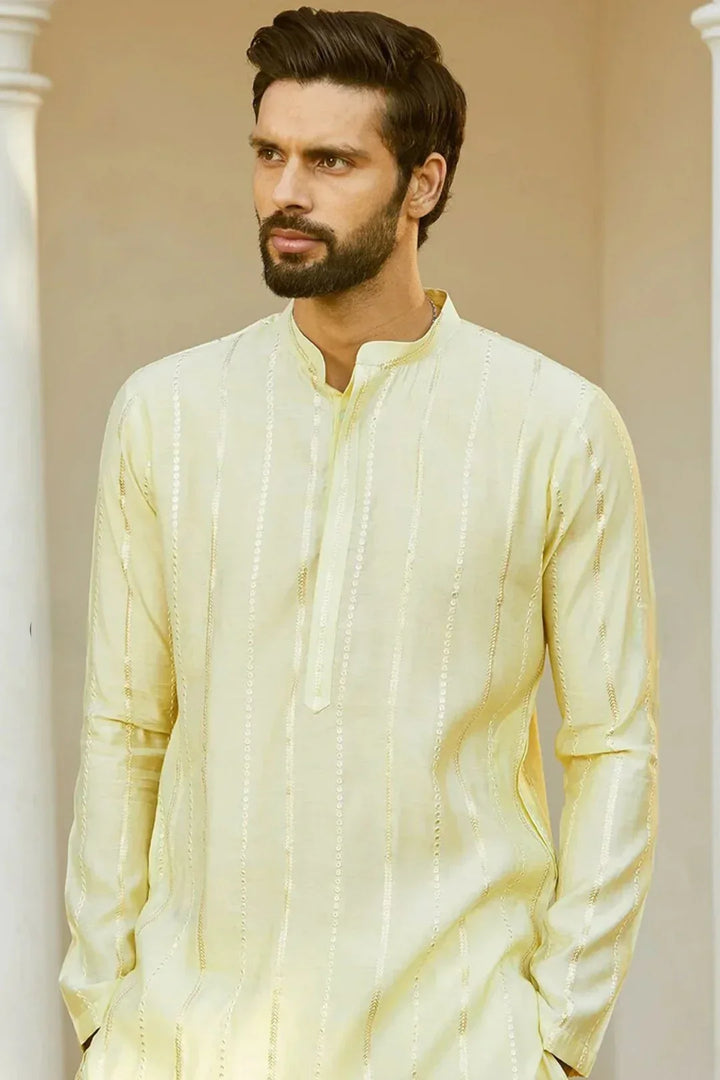 Lemon Gold Stripe Kurta Set - MyEthnikRentals