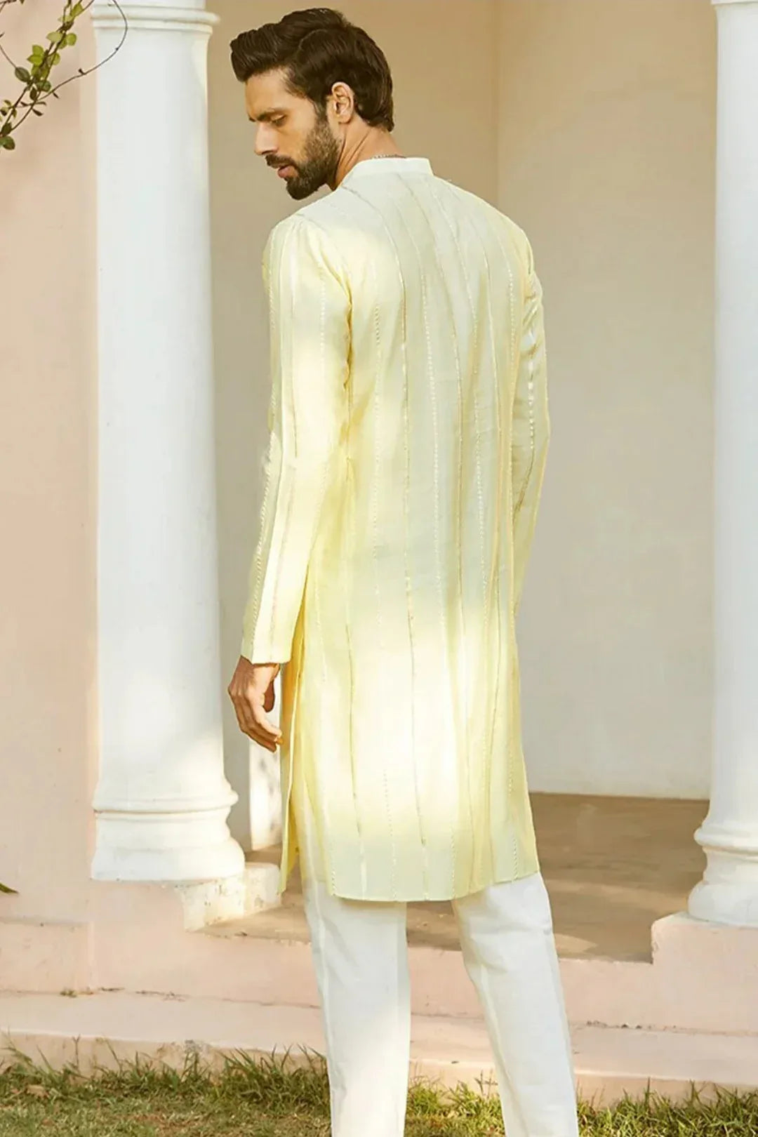 Lemon Gold Stripe Kurta Set - MyEthnikRentals