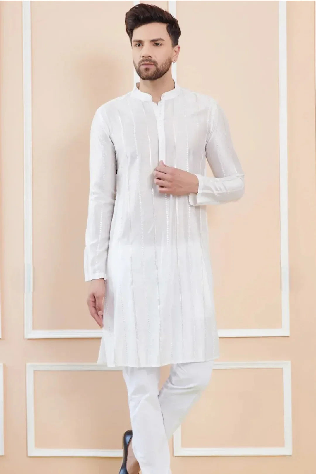 Mirror-Stripe White Kurta Set - MyEthnikRentals