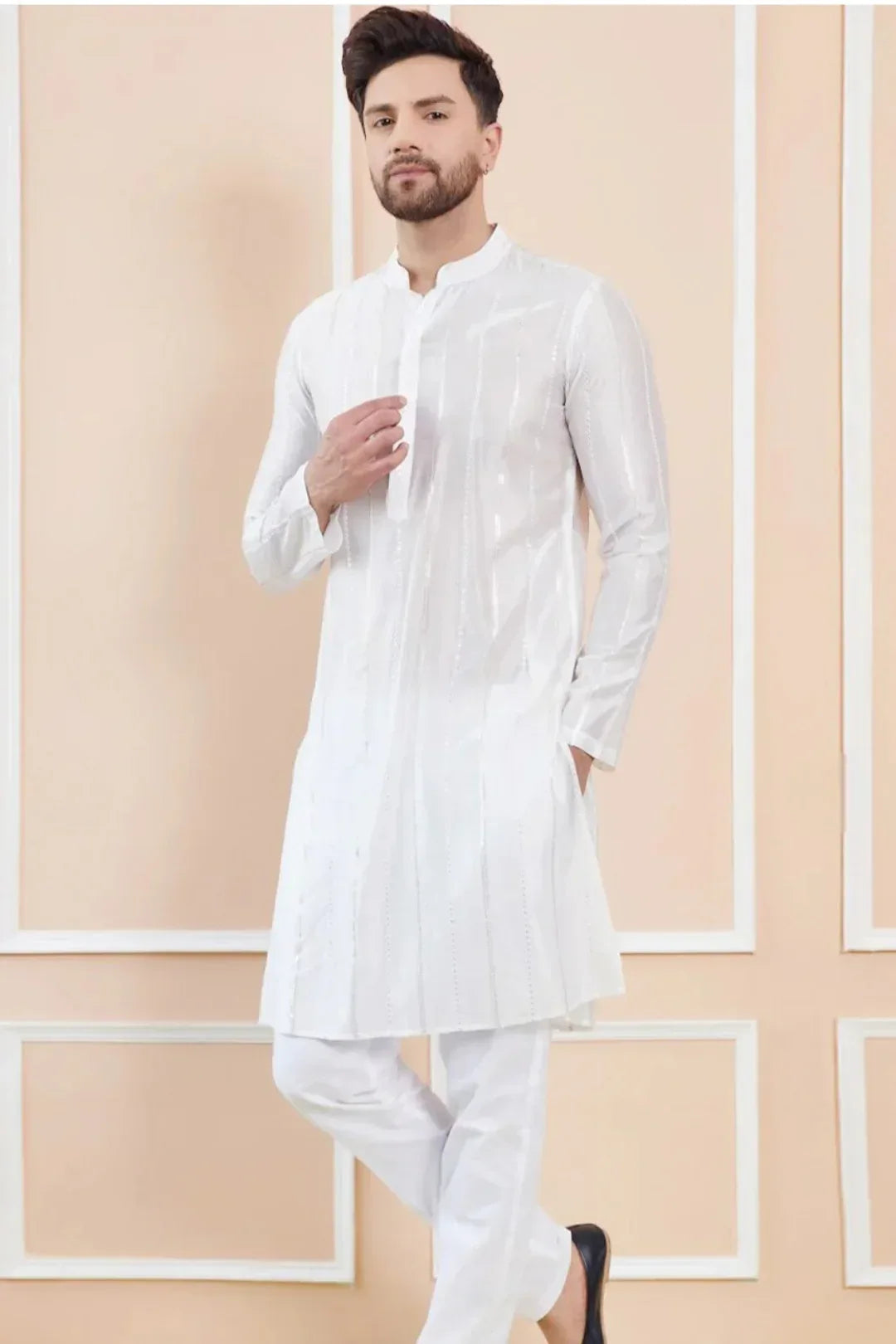Mirror-Stripe White Kurta Set - MyEthnikRentals