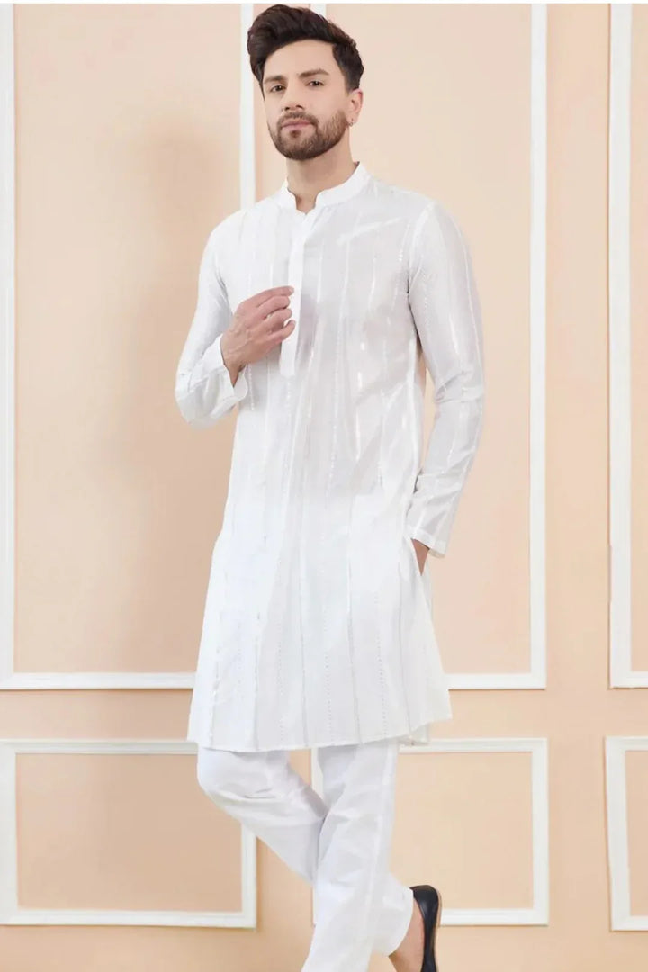 Mirror-Stripe White Kurta Set - MyEthnikRentals