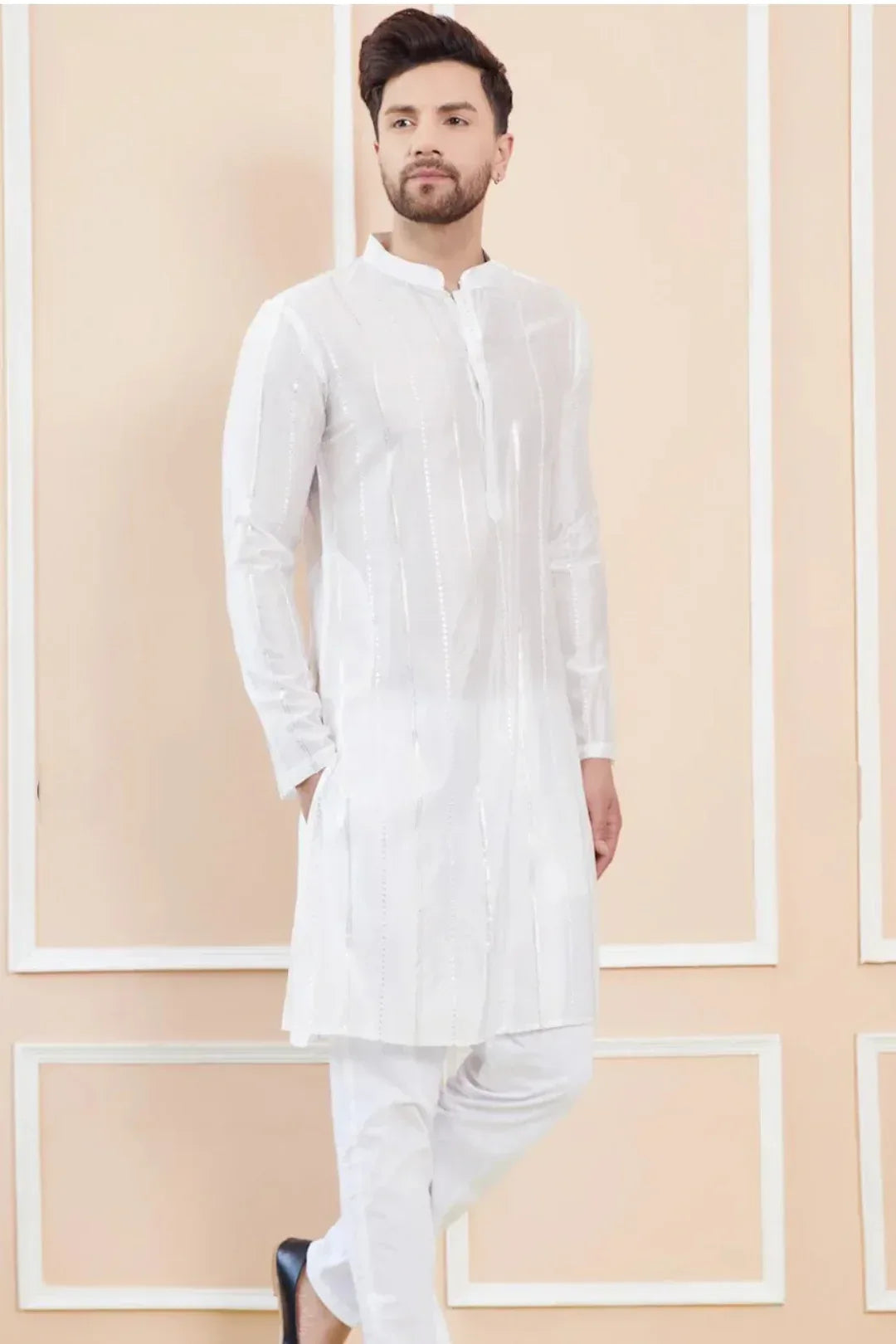 Mirror-Stripe White Kurta Set - MyEthnikRentals