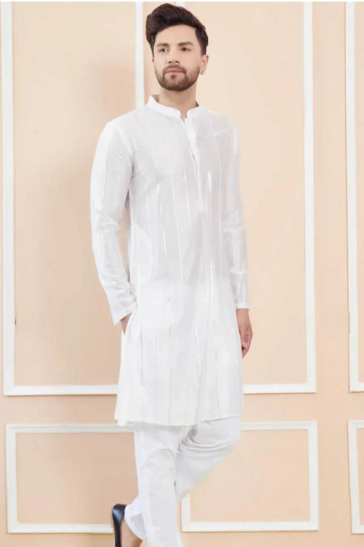 Mirror-Stripe White Kurta Set - MyEthnikRentals