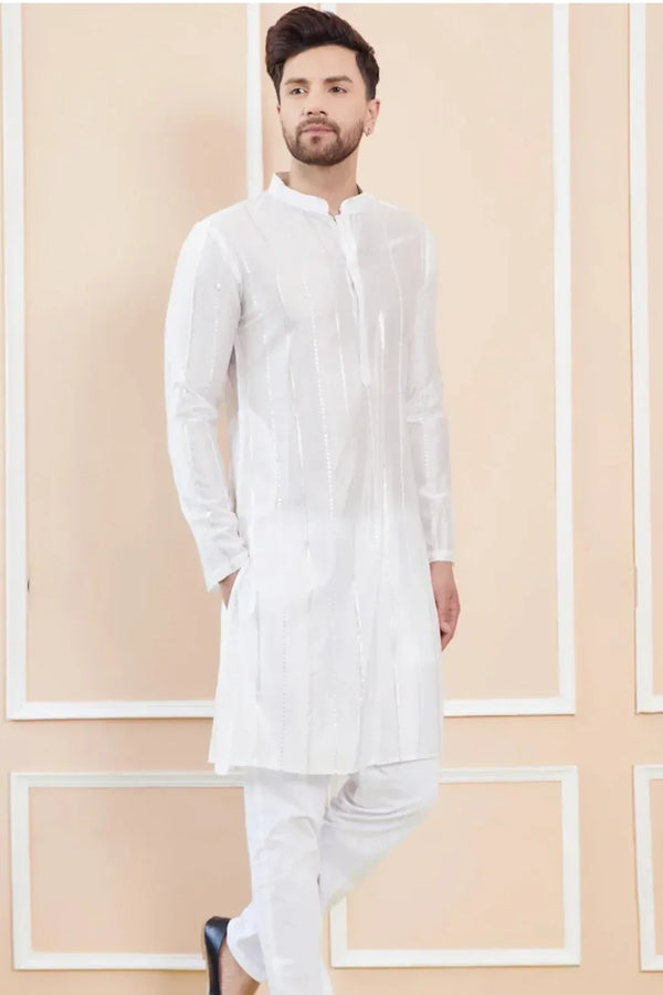 Mirror-Stripe White Kurta Set (Outside Ontario) - MyEthnikRentals