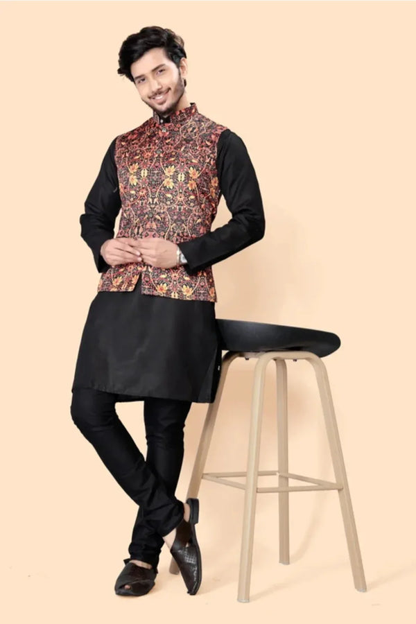 Black Onyx Kurta with Maroon Brocade Jacket (Outside Ontario) - MyEthnikRentals