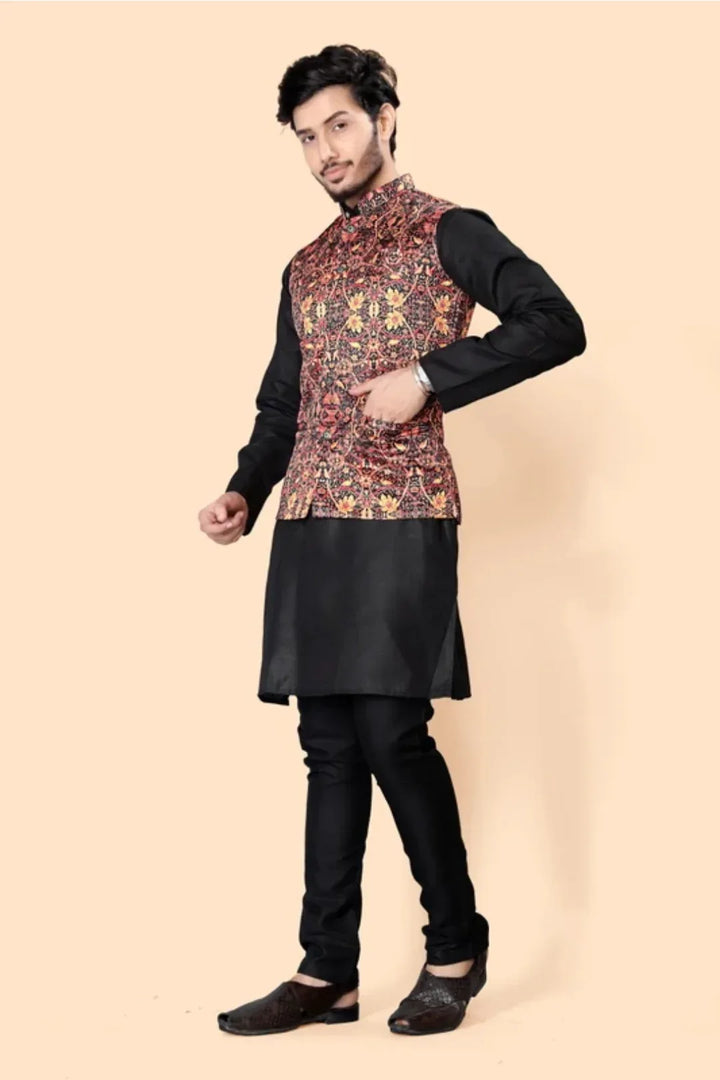 Black Onyx Kurta with Maroon Brocade Jacket - MyEthnikRentals
