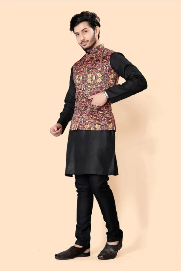Black Onyx Kurta with Maroon Brocade Jacket (Outside Ontario) - MyEthnikRentals