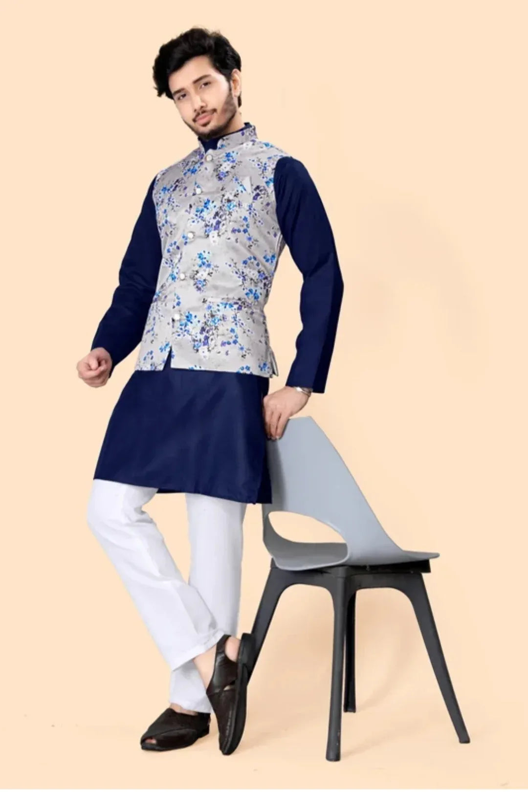 Midnight Blue Kurta with Silver Floral Jacket - MyEthnikRentals
