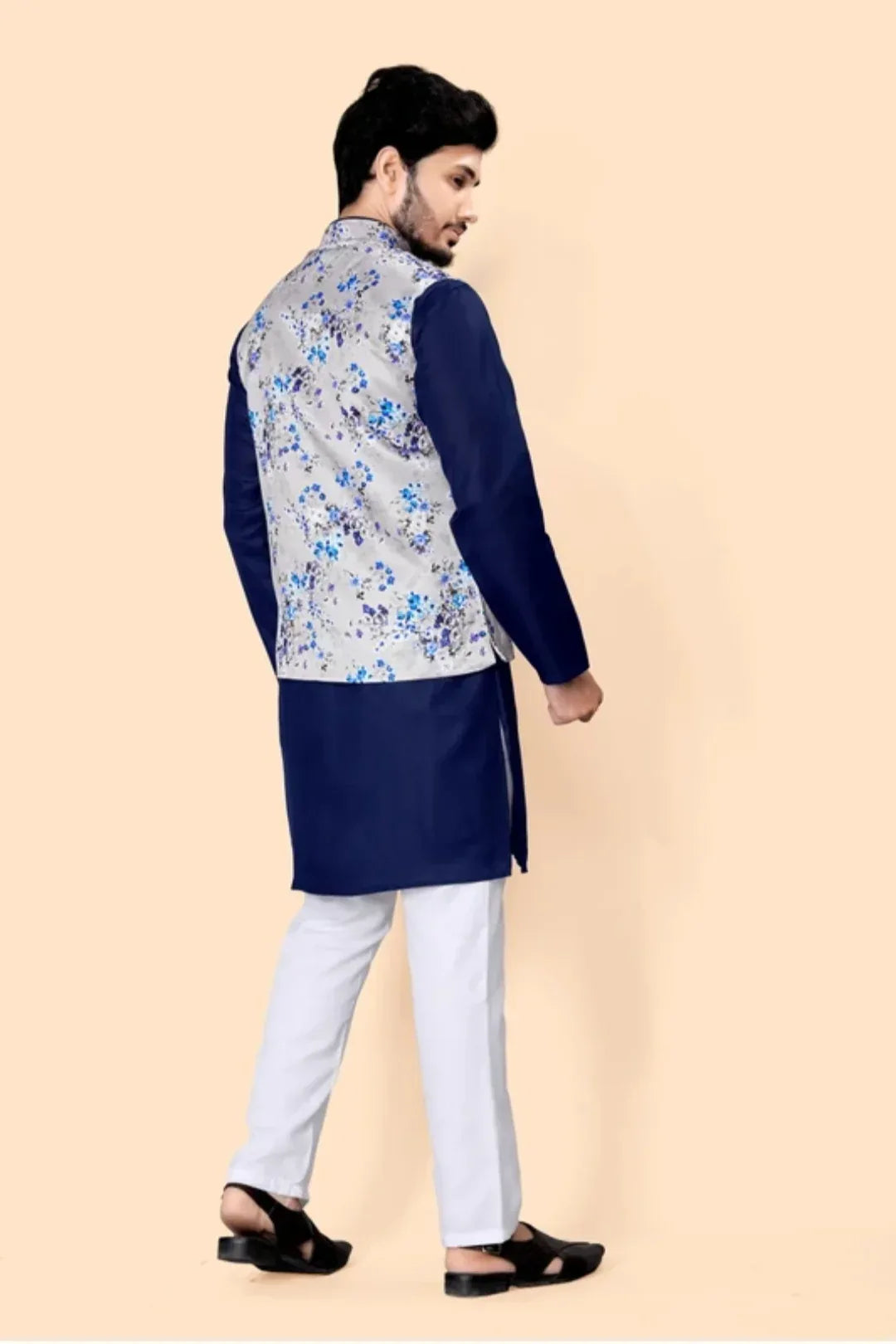 Midnight Blue Kurta with Silver Floral Jacket - MyEthnikRentals