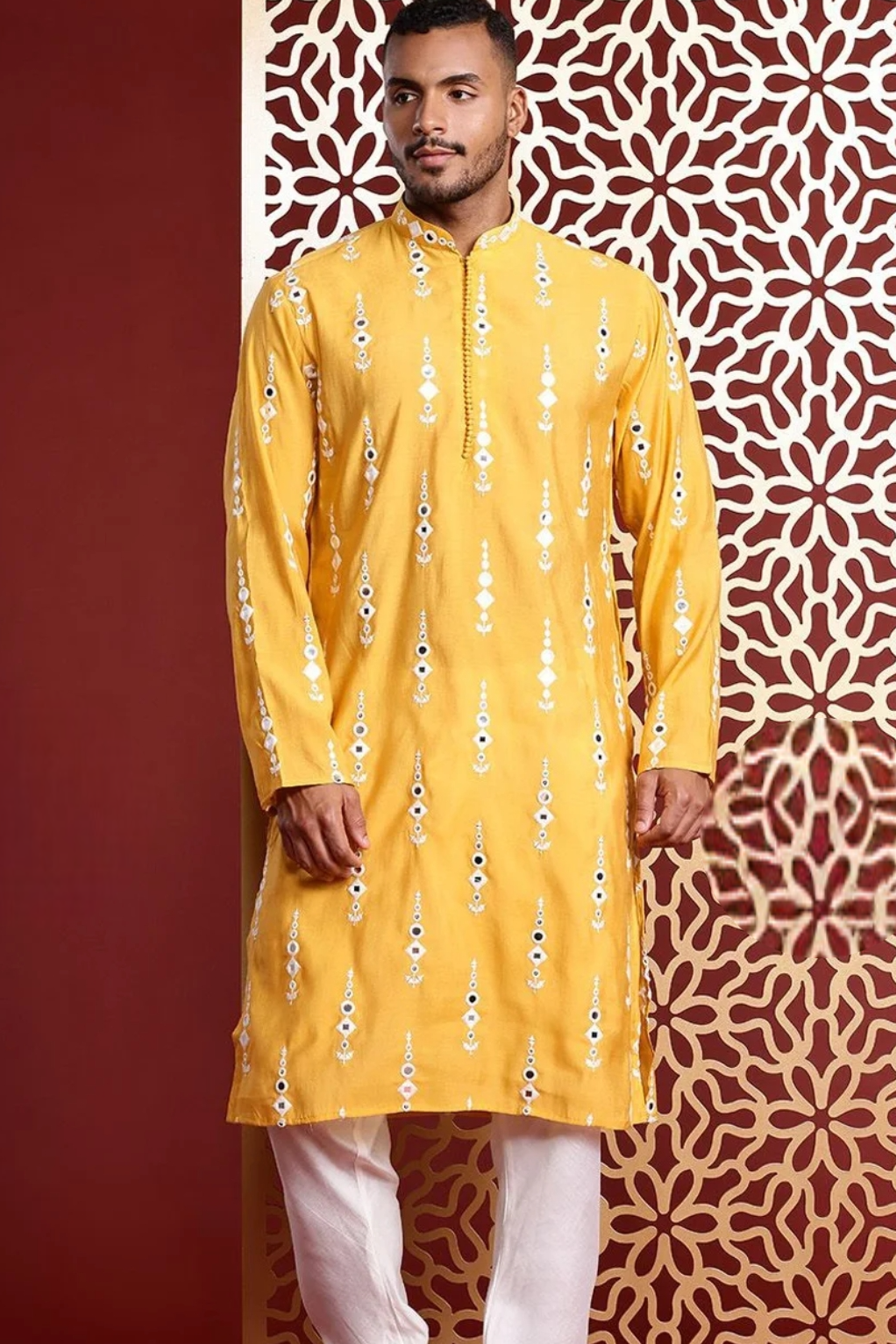 Embroidered Mirror Yellow Kurta (Outside Ontario) - MyEthnikRentals