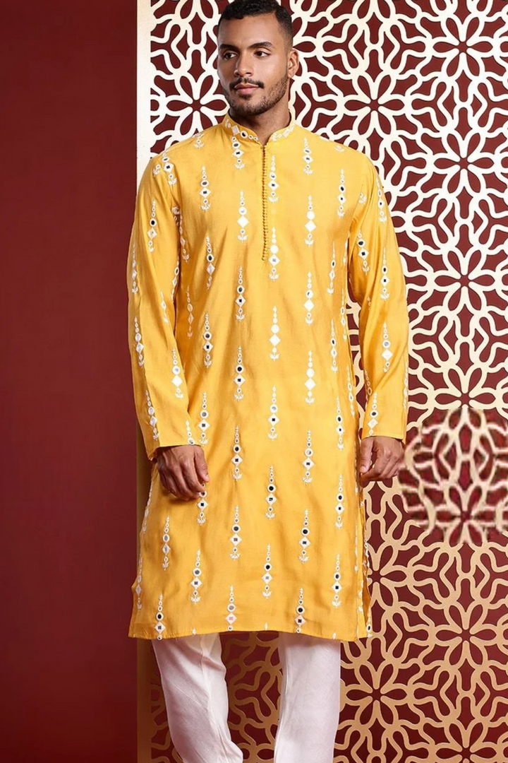 Embroidered Mirror Yellow Kurta (Outside Ontario) - MyEthnikRentals
