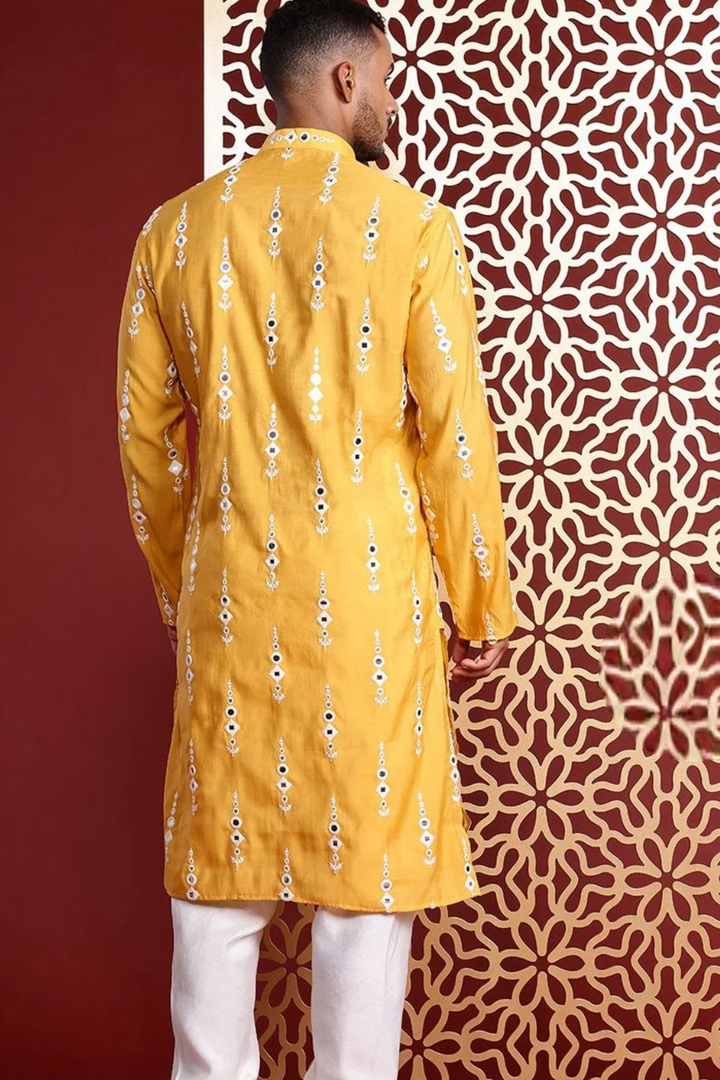 Embroidered Mirror Yellow Kurta (Outside Ontario) - MyEthnikRentals