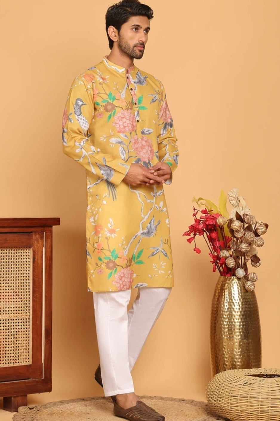 Floral Printed Yellow Kurta (Outside Ontario) - MyEthnikRentals