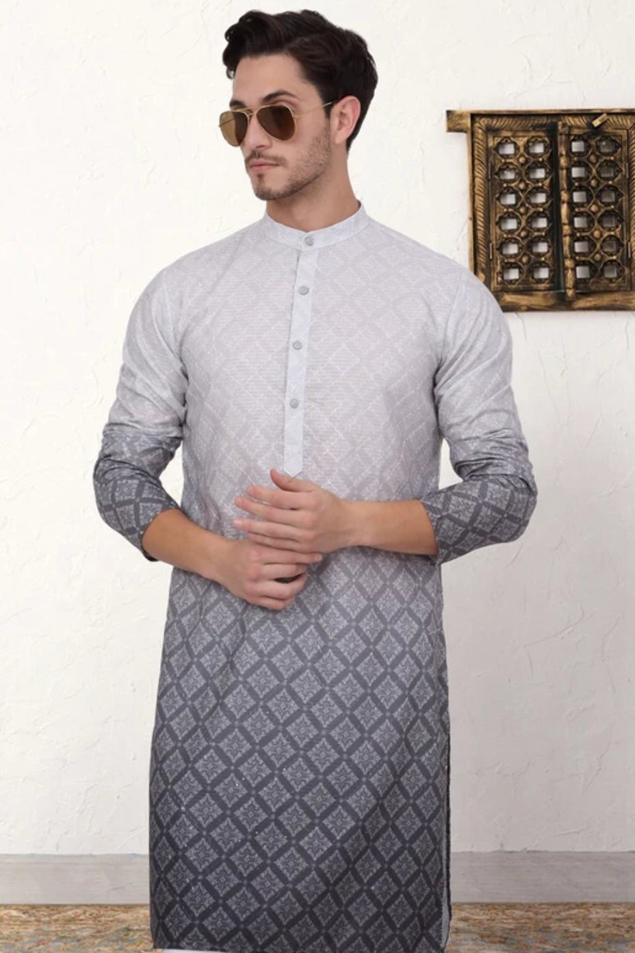 Ombré Geometric Grey Kurta (Outside Ontario) - MyEthnikRentals