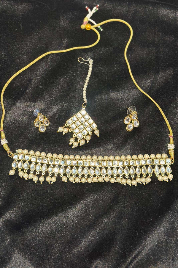 White Crystal hanging pearl Jewellery Set (Outside Ontario) - MyEthnikRentals