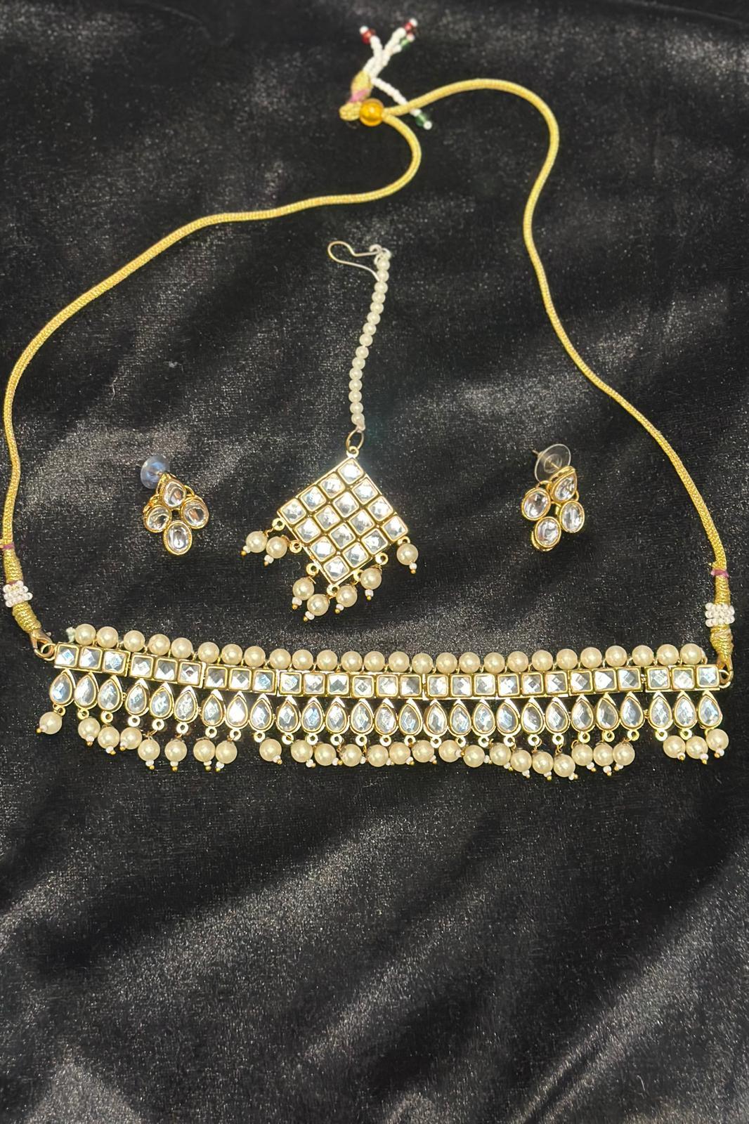 White Crystal hanging pearl Jewellery Set - MyEthnikRentals