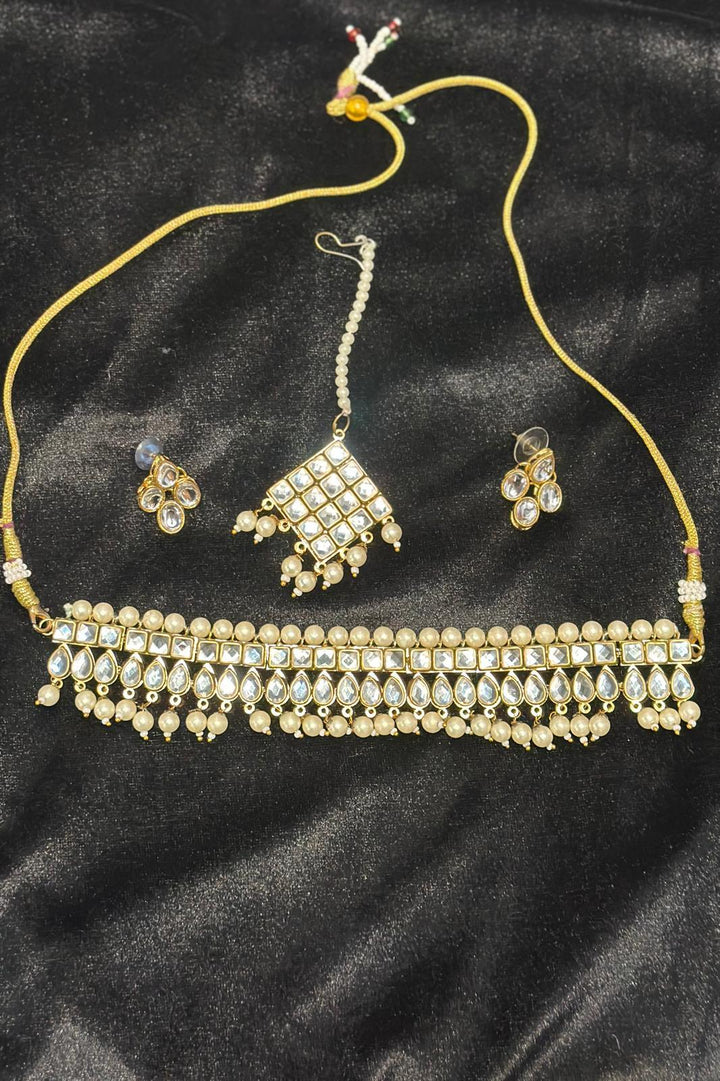 White Crystal hanging pearl Jewellery Set - MyEthnikRentals