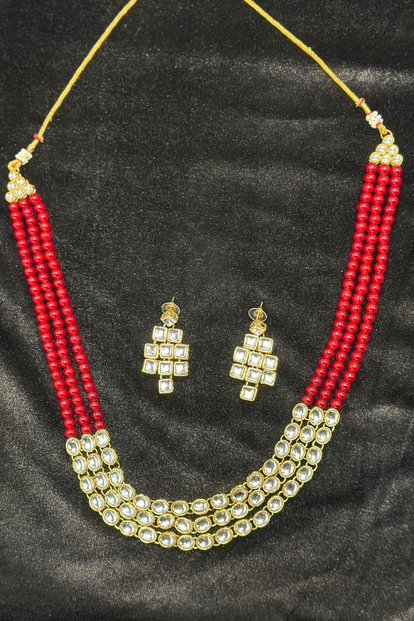 Men Gold Plated Maroon Jewellery Set - MyEthnikRentals