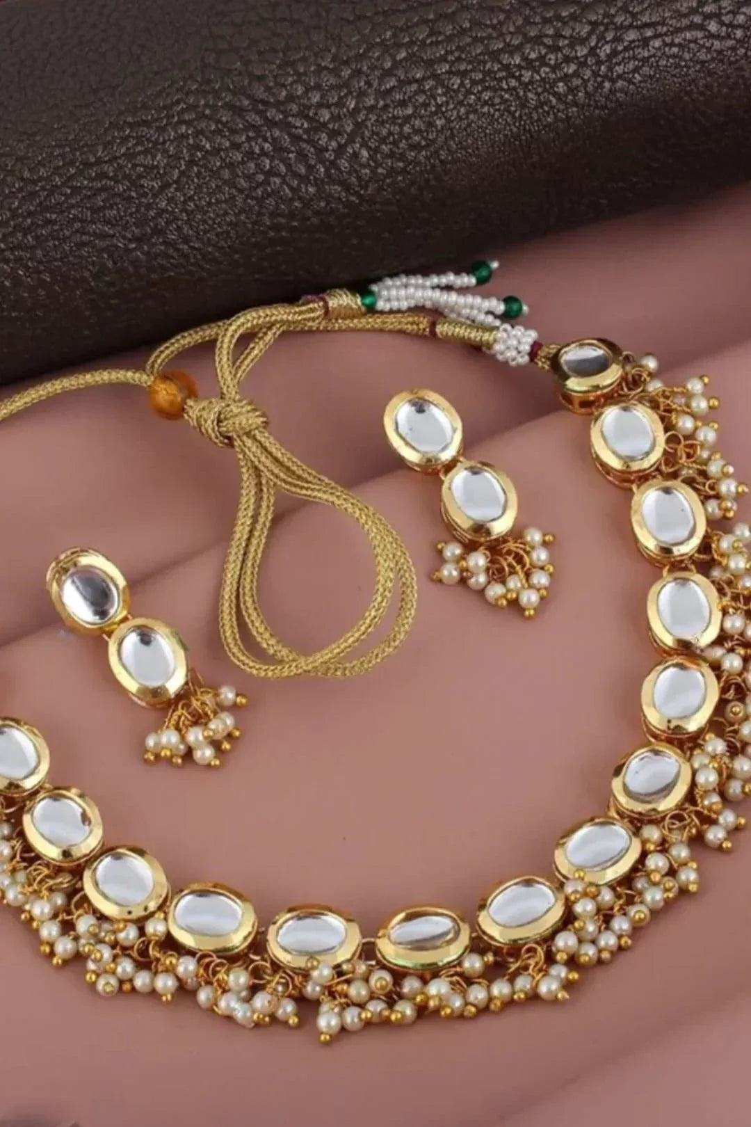 Gold-Plated White Kundan pearl Jewellery Set - MyEthnikRentals