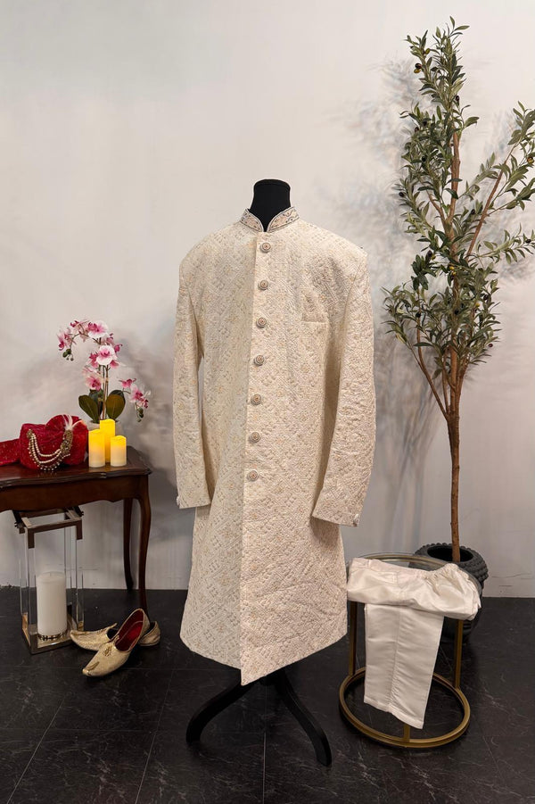Ivory Floral Asymmetric Embroidered Sherwani (Outside Ontario) - MyEthnikRentals