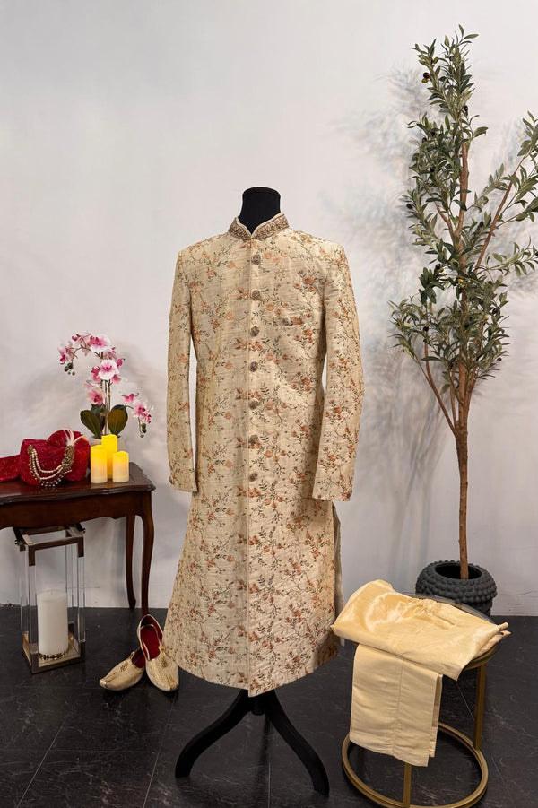 Beige Floral Sherwani (Outside Ontario) - MyEthnikRentals