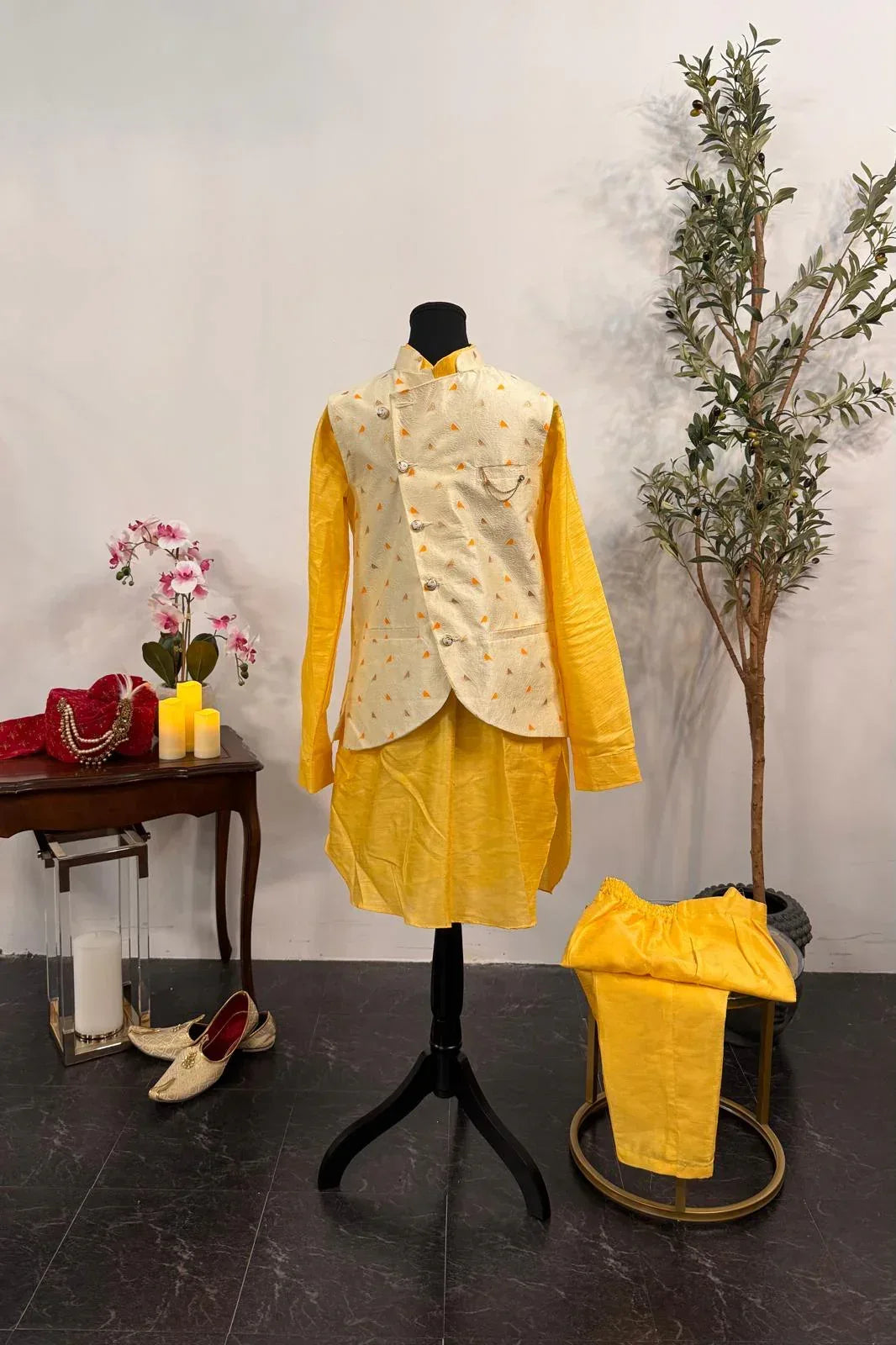 Chirpy Yellow Kurta Pajama with Nehru Jacket - MyEthnikRentals