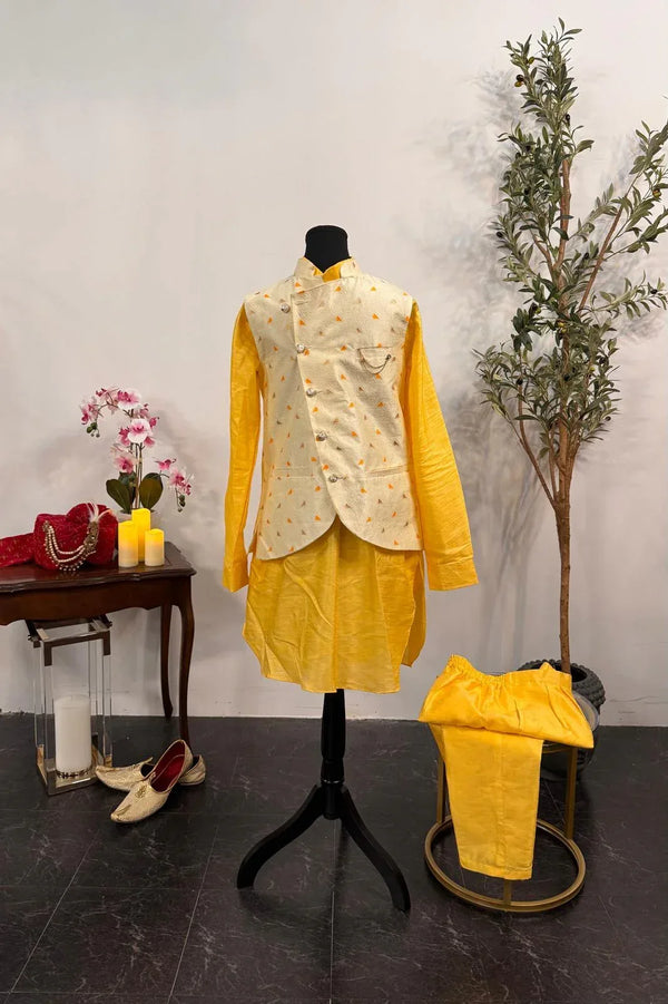 Chirpy Yellow Kurta Pajama with Nehru Jacket (Outside Ontario) - MyEthnikRentals