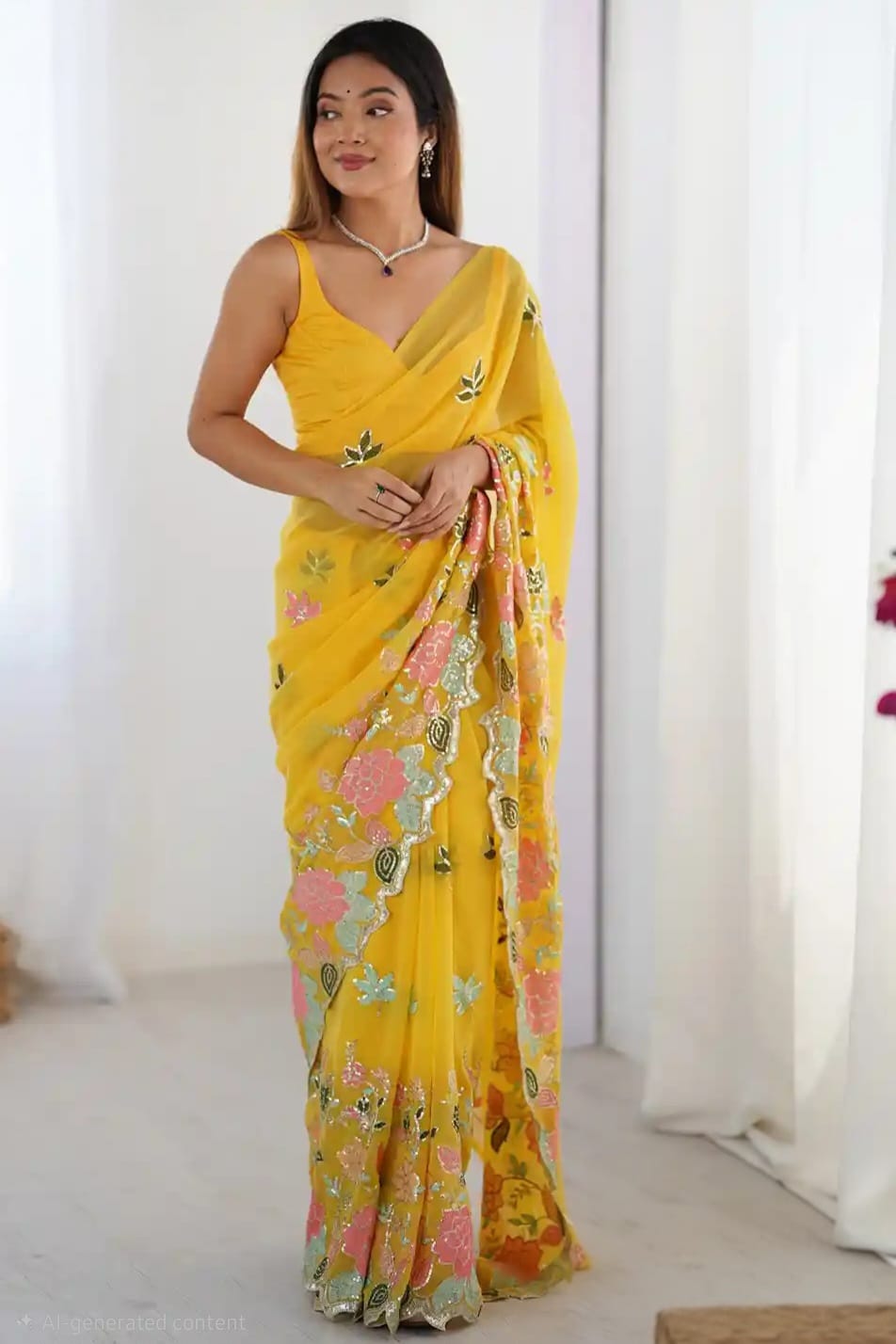 Yellow Floral Embroidered Saree