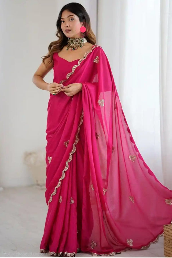 Fuchsia Pink Embroidered Chiffon Saree