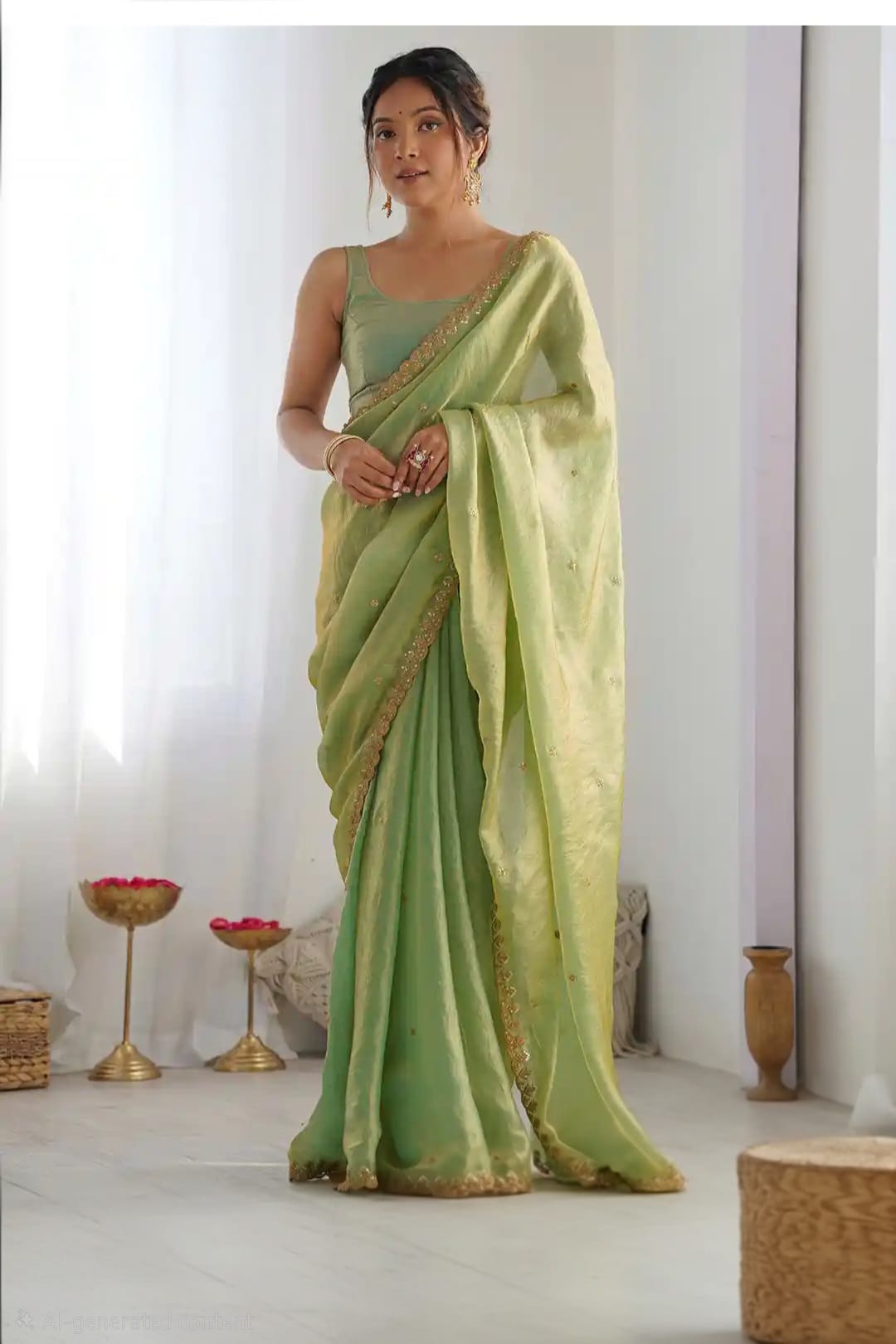 Pistachio Bloom Organza Saree