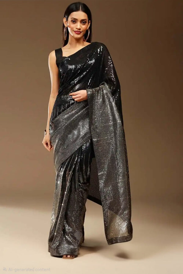 Black & Silver Sequin Saree (Outside Ontario) - MyEthnikRentals