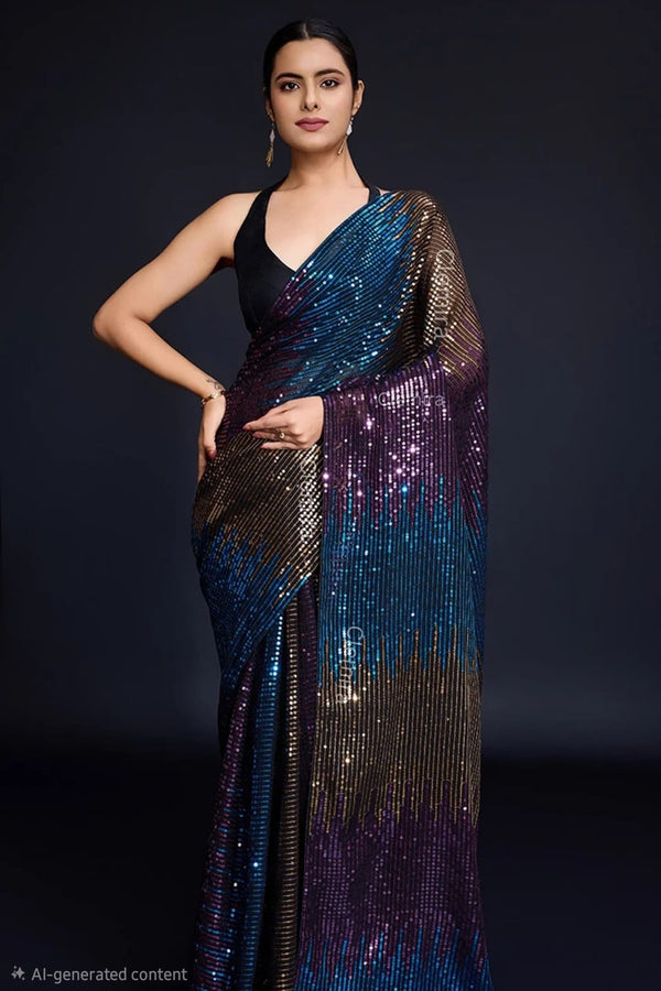 Midnight Black & Purple Sequin Saree (Outside Ontario) - MyEthnikRentals