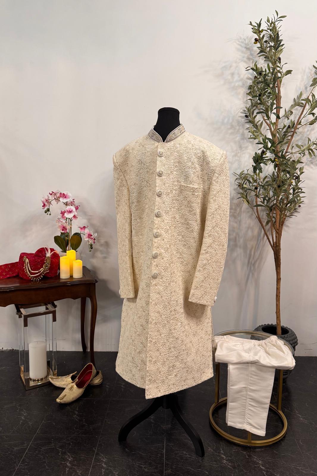 Cream Chikankari work Sherwani - MyEthnikRentals