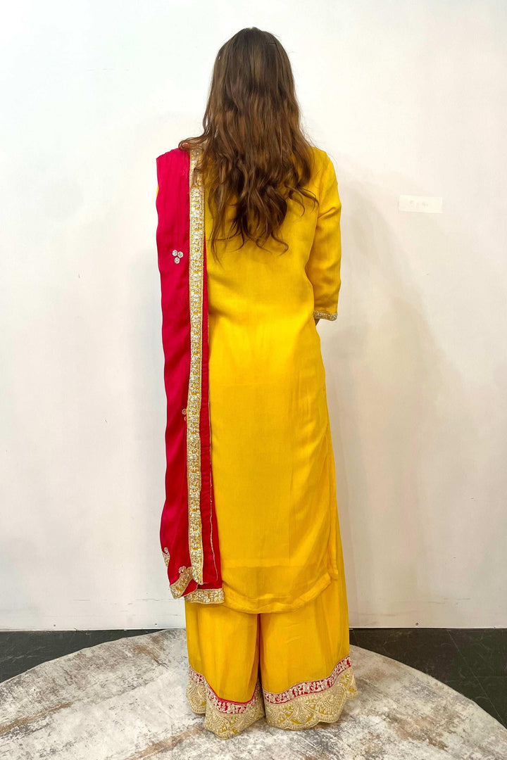 Sunshine Yellow Salwar Kameez with Red Zari Yoke (Outside Ontario) - MyEthnikRentals