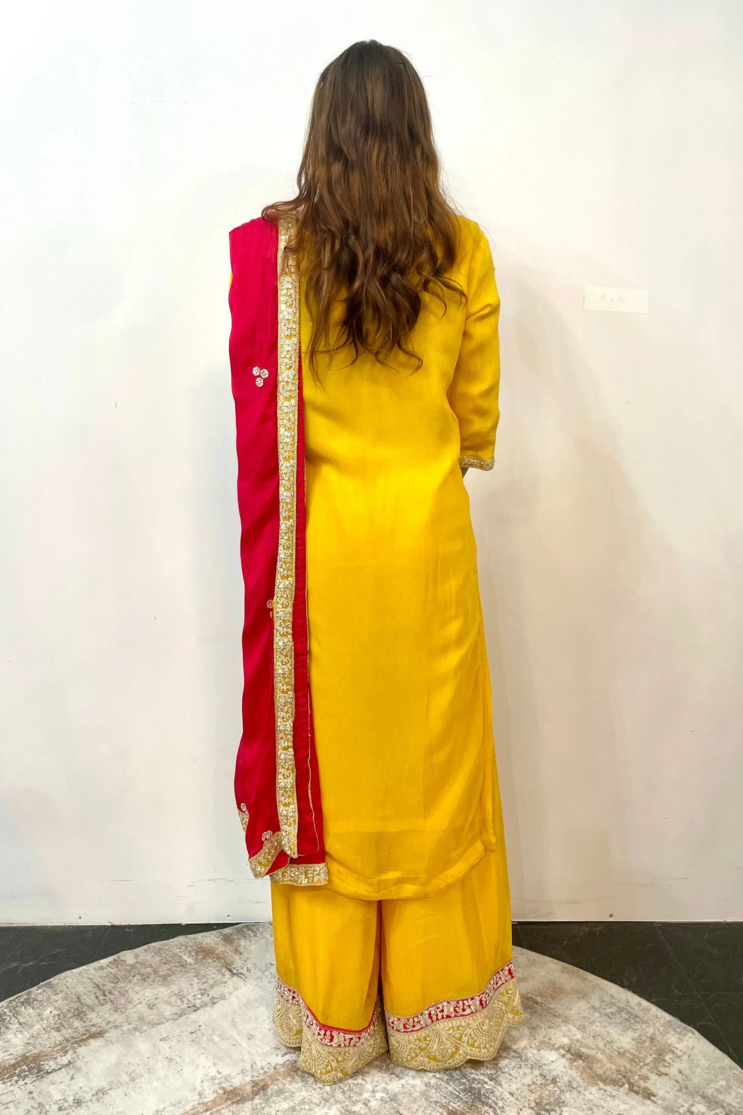 Sunshine Yellow Salwar Kameez with Red Zari Yoke - MyEthnikRentals