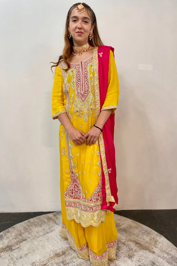 Sunshine Yellow Salwar Kameez with Red Zari Yoke - MyEthnikRentals