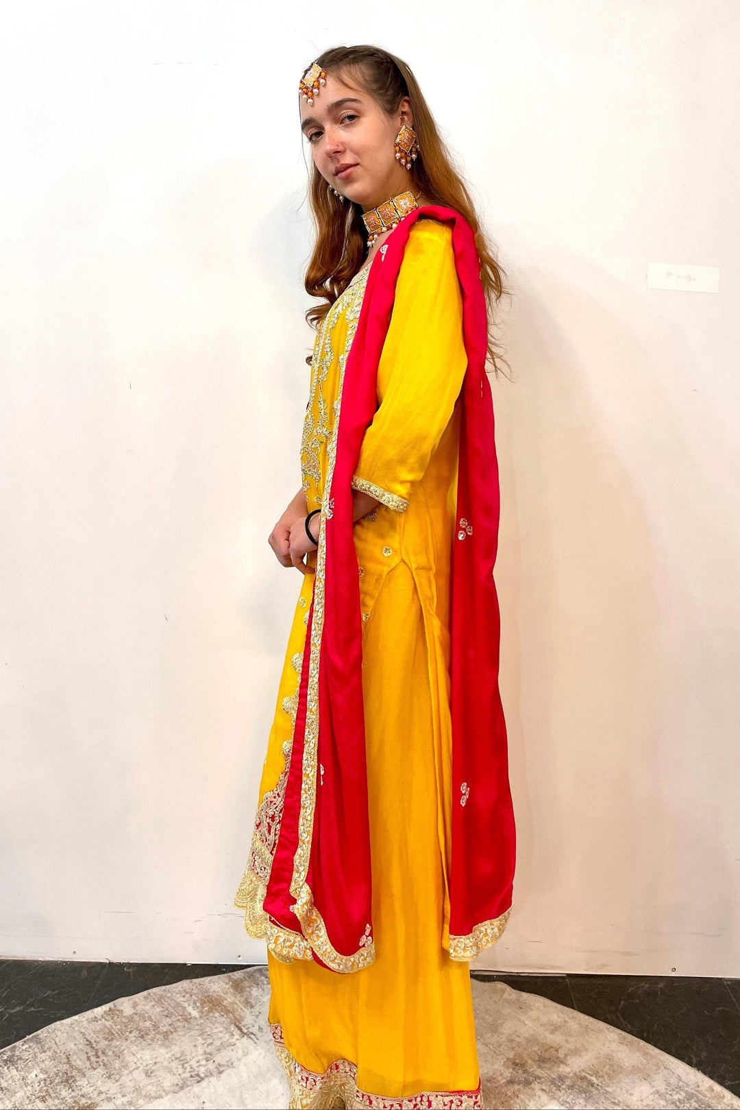 Sunshine Yellow Salwar Kameez with Red Zari Yoke (Outside Ontario) - MyEthnikRentals